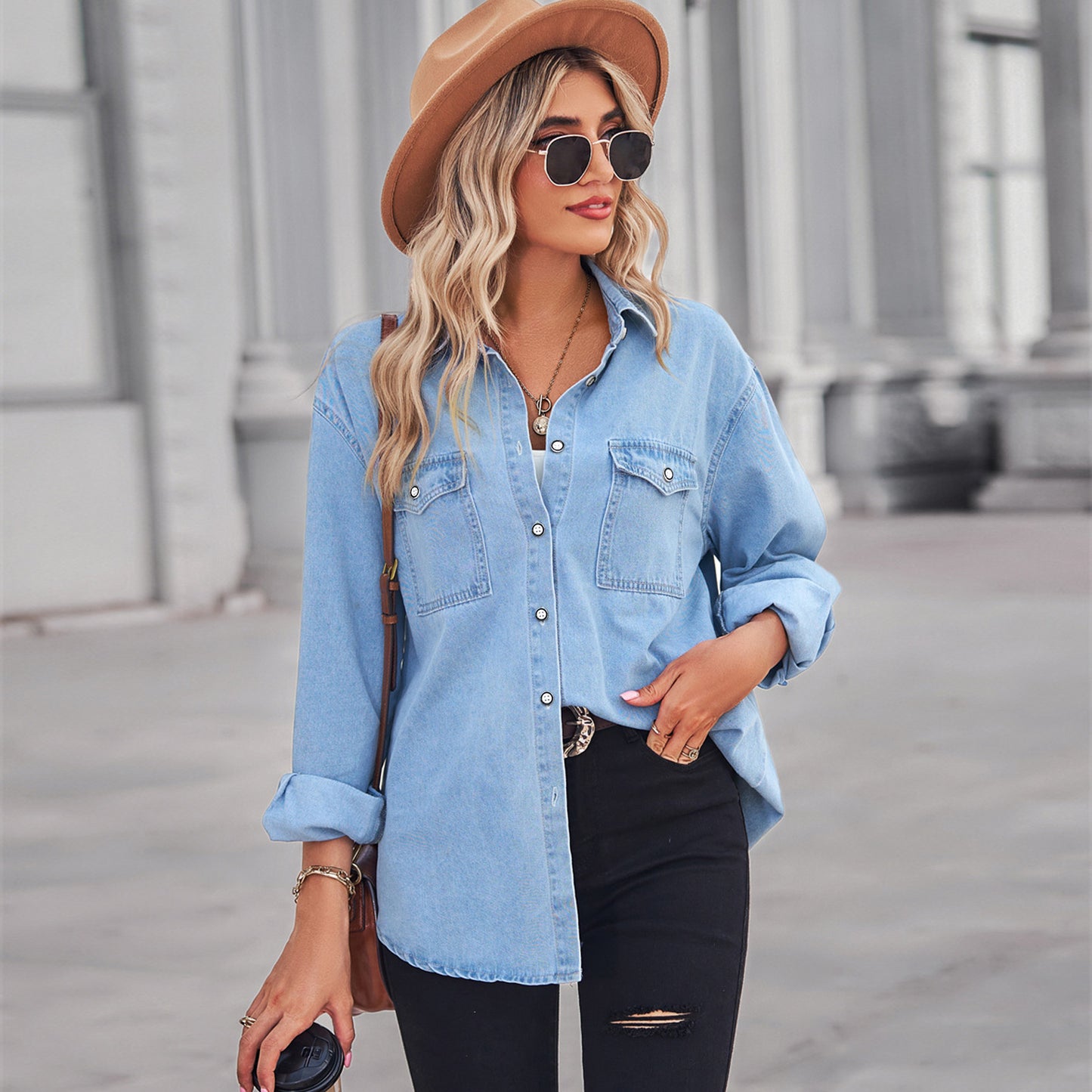Women's Color Figure Flattering Thin Denim Long Sleeve Shirt Blouse