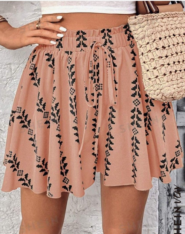 Women's High Waist A- Line Printed Lace Up Casual Slimming Skirt