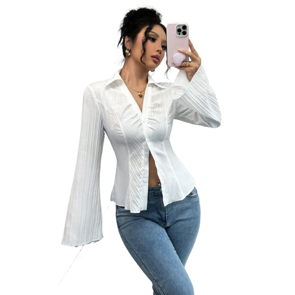 Lapel Waisted Long-sleeved Shirt Button Chic Unique Tops