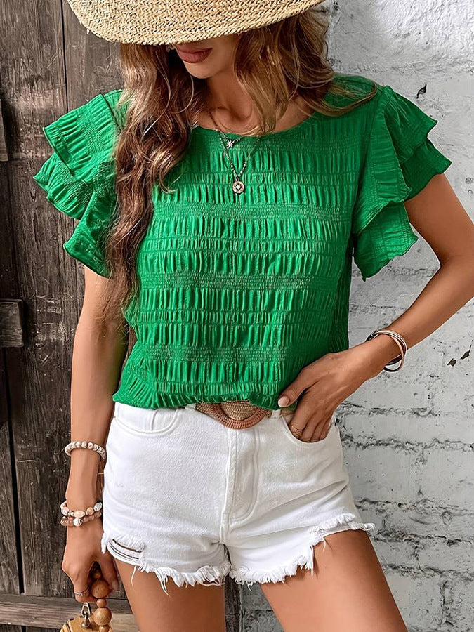 Women's Round Neck Double Ruffle Sleeve Casual Tops