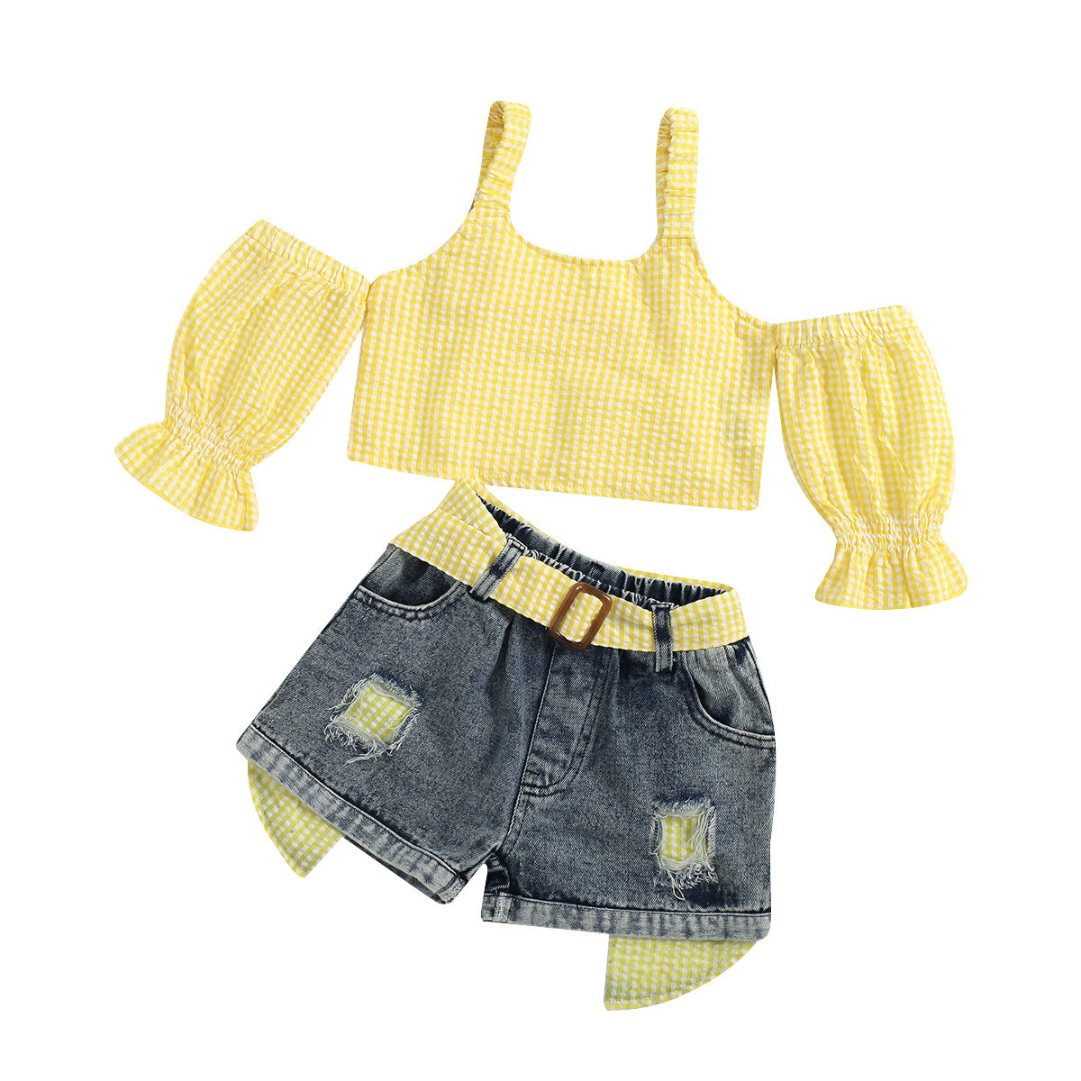 Summer Strap Puff Sleeve Sweet Two-piece Children's Suit