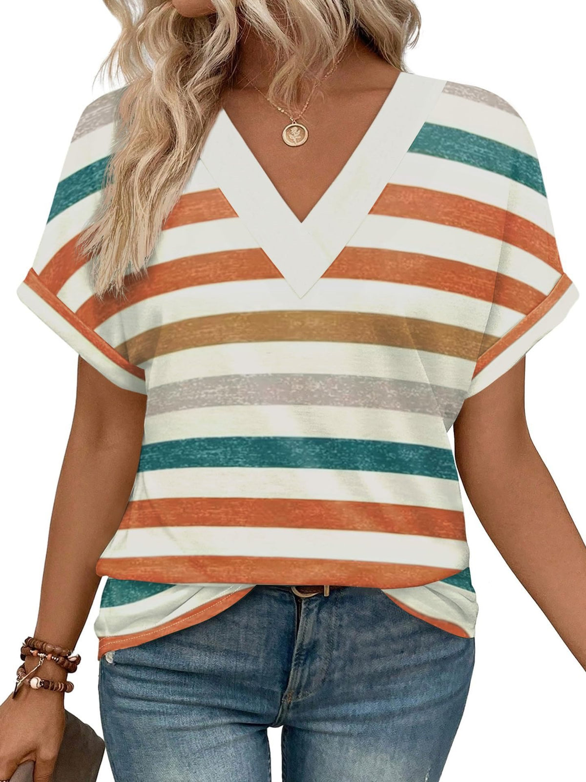 Women's Casual Round Neck Striped Short-sleeved Overseas Tops