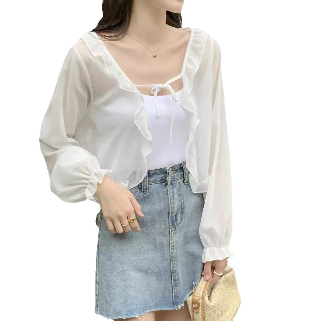 Women's Shawl Outer Match Summer Thin Long Sleeve Lace Shirt, Chiffon Shirt