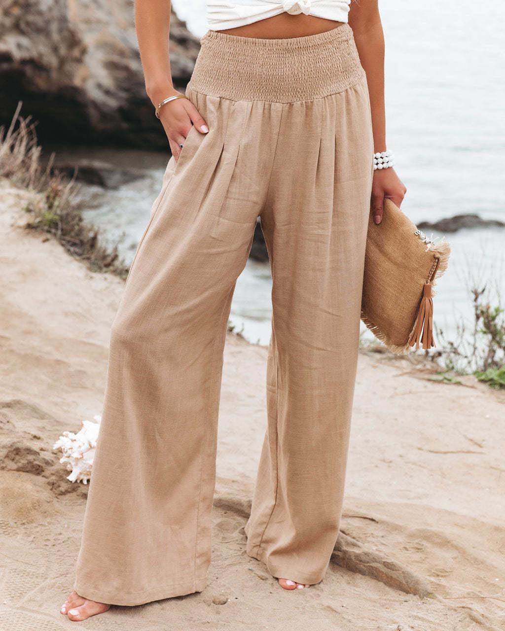 Women's Cotton Linen Pure Color Elastic Waist Wide Leg Casual Pants