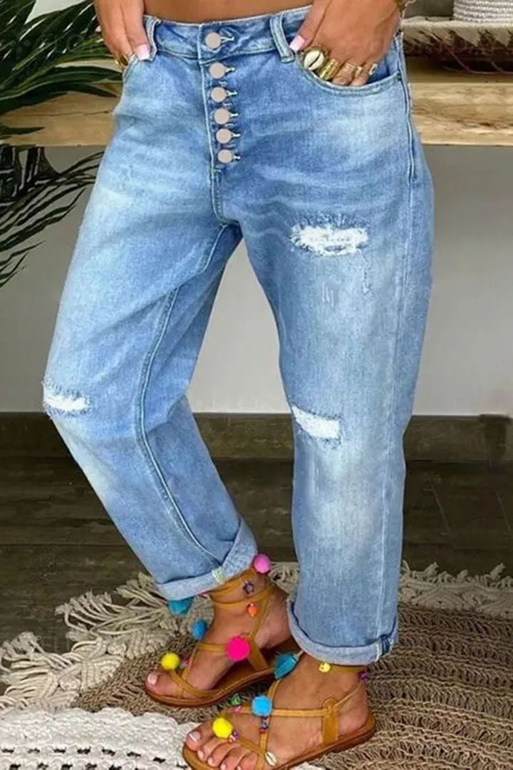 Women's Blue With Holes Loose Washed-out Straight Jeans