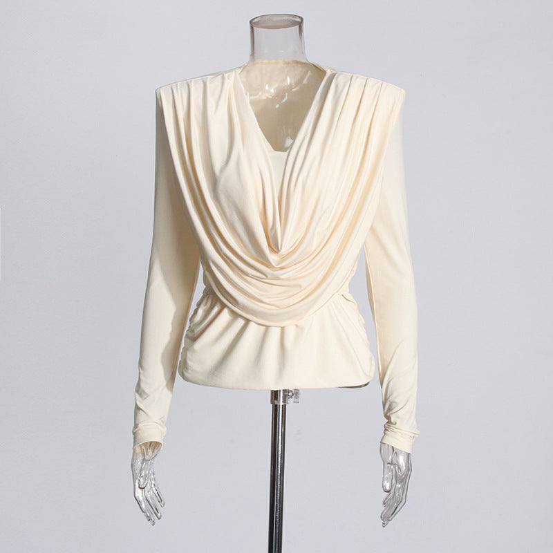 Women's Clothes Summer Fashion Swing Collar Padded Shoulder Pleating Slim Slimming Blouse