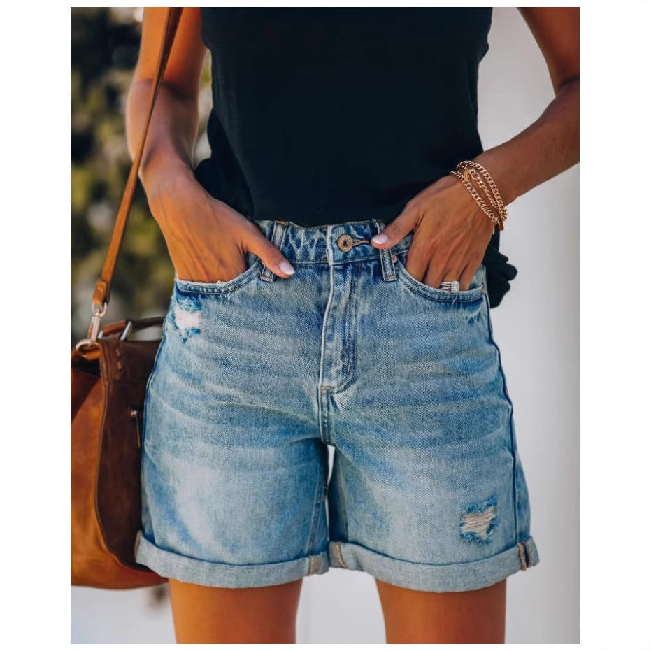 Women's Trade Temperament Leisure Ripped Curling Cropped Shorts