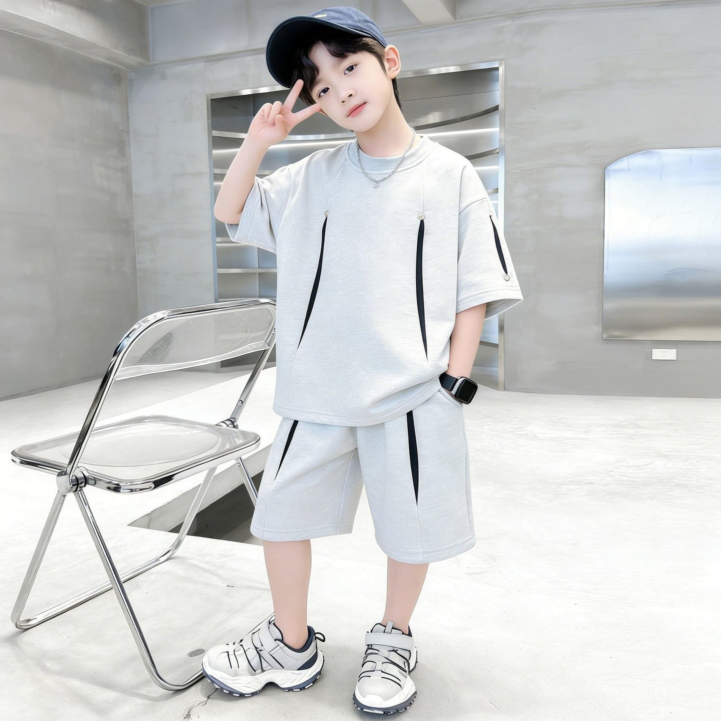 Casual Short-sleeved Medium Big Sports Summer Breathable Cool Feeling Children's Suit