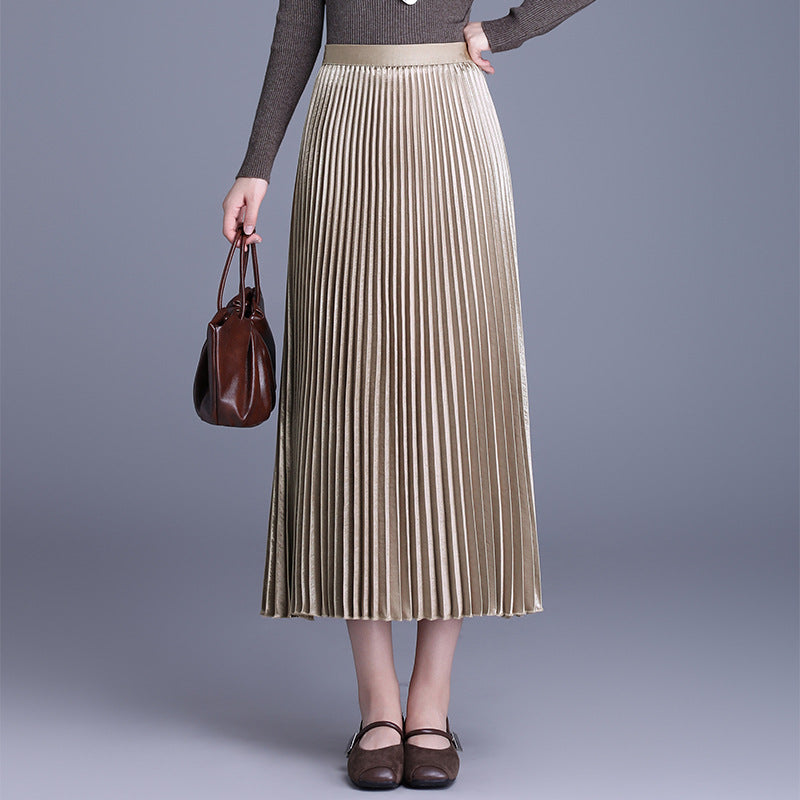 Pleated Autumn High Waist Mid-length Long Dress Temperament Drape A- Skirt