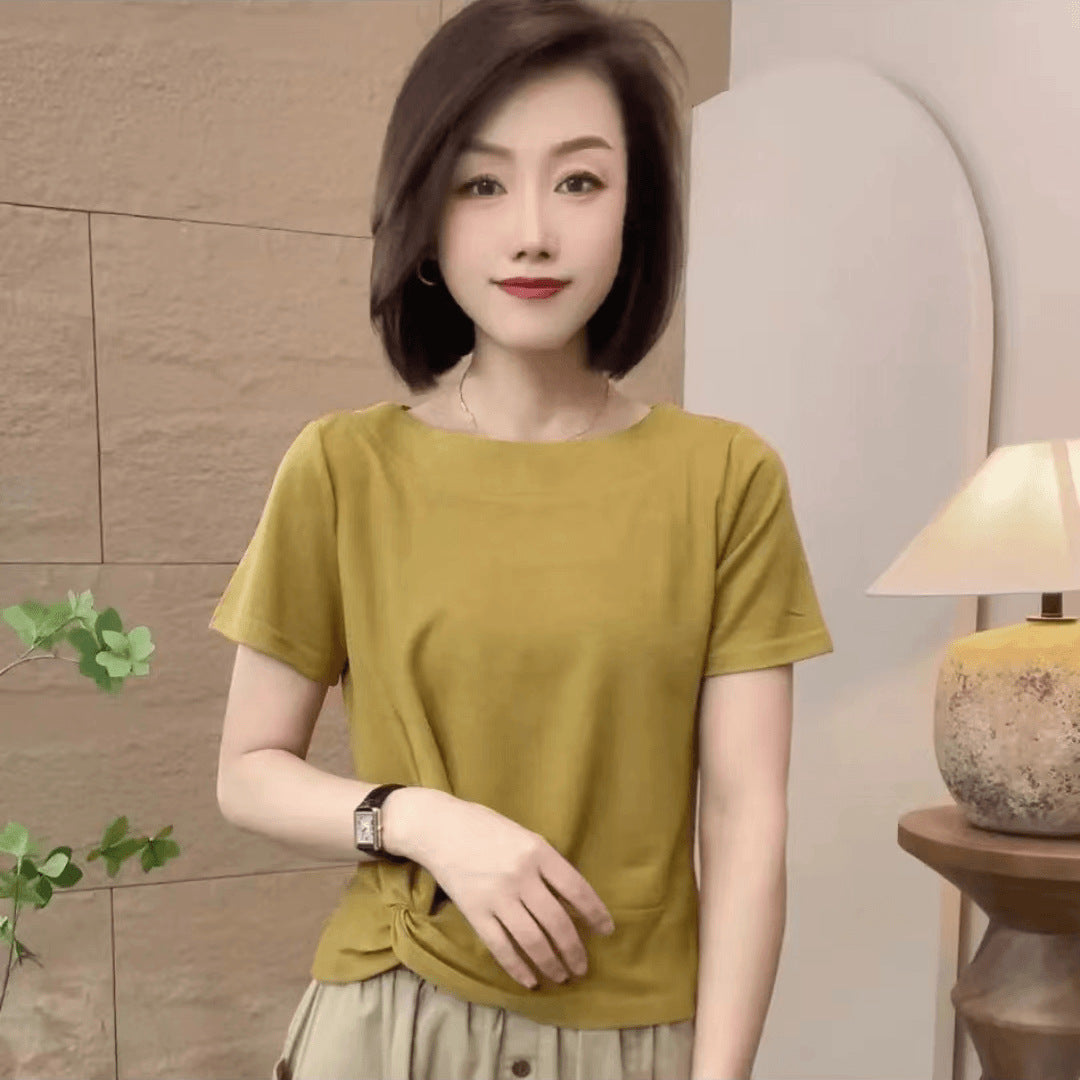 Women's Shirt Sleeve Pleated Solid Color Round Neck Fashion Wear Women's T-shirt