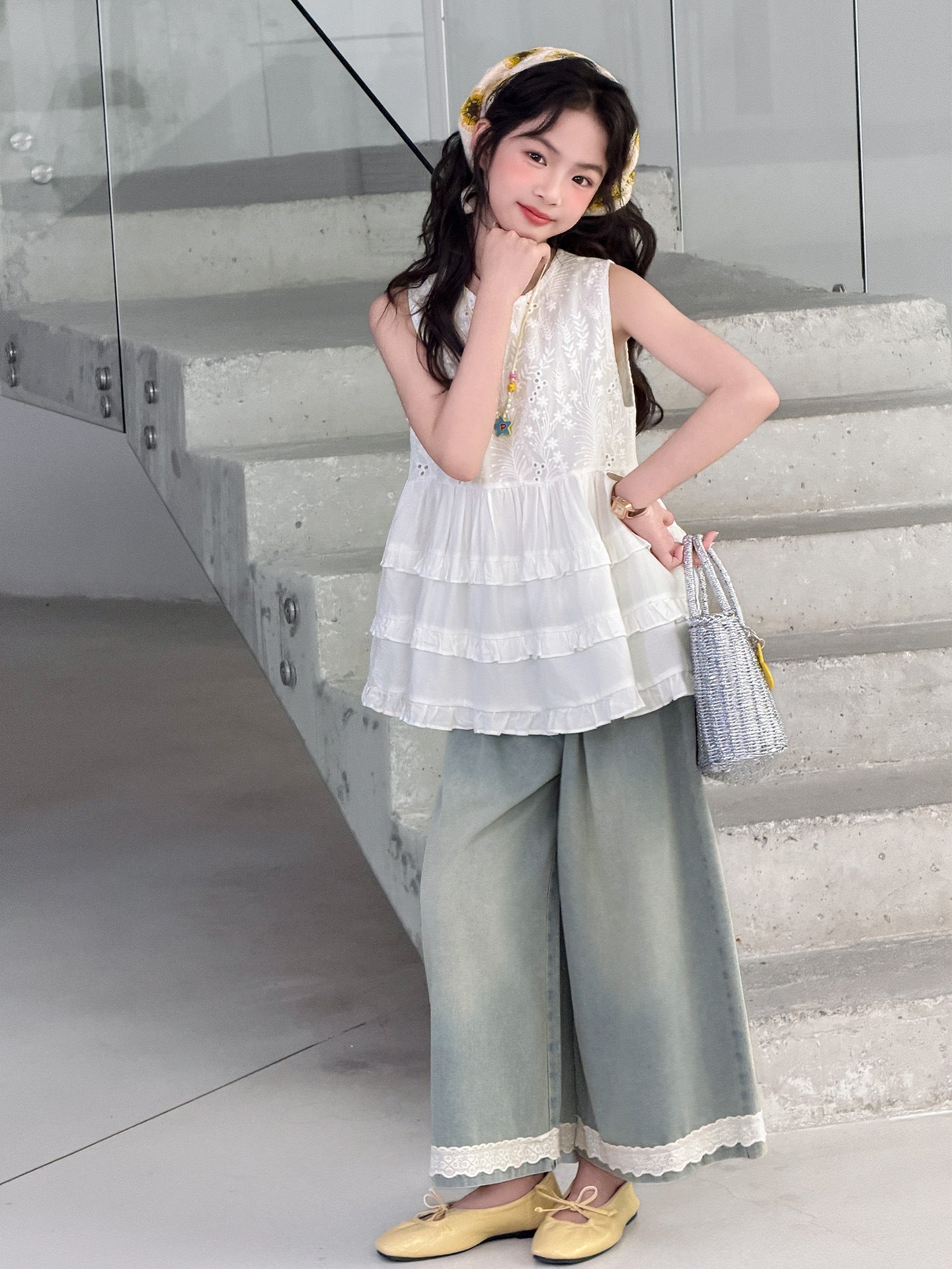 Blouse Jeans Summer Middle Big Shirt Top Wide Children's Suit