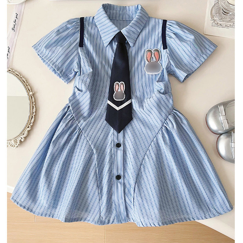 Children's Preppy Style Korean Pleated Skirt Summer Striped Children's Dress