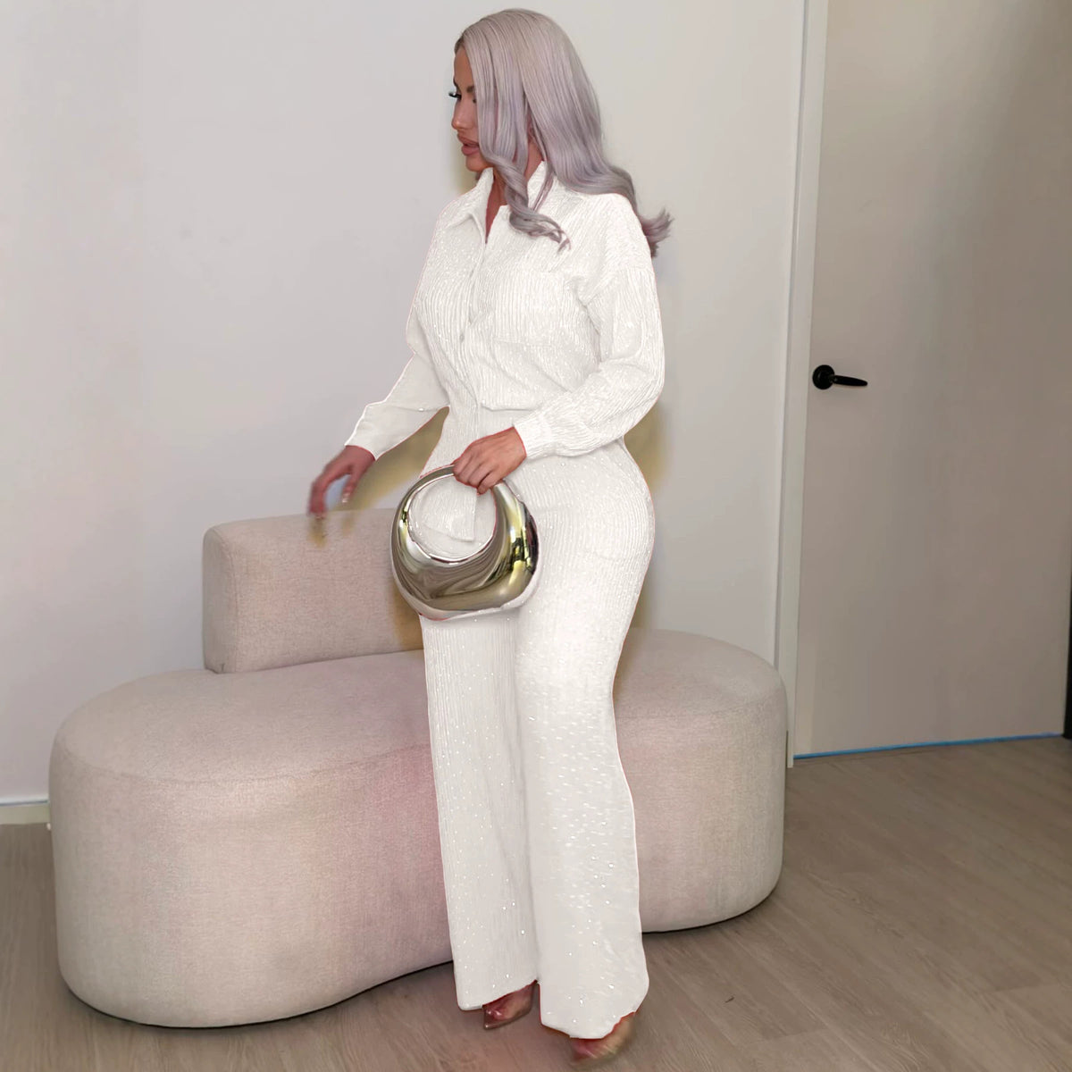 Women's Rhinestone Pleated Long-sleeved Lapel Shirt Trousers Fashion Casual Suit