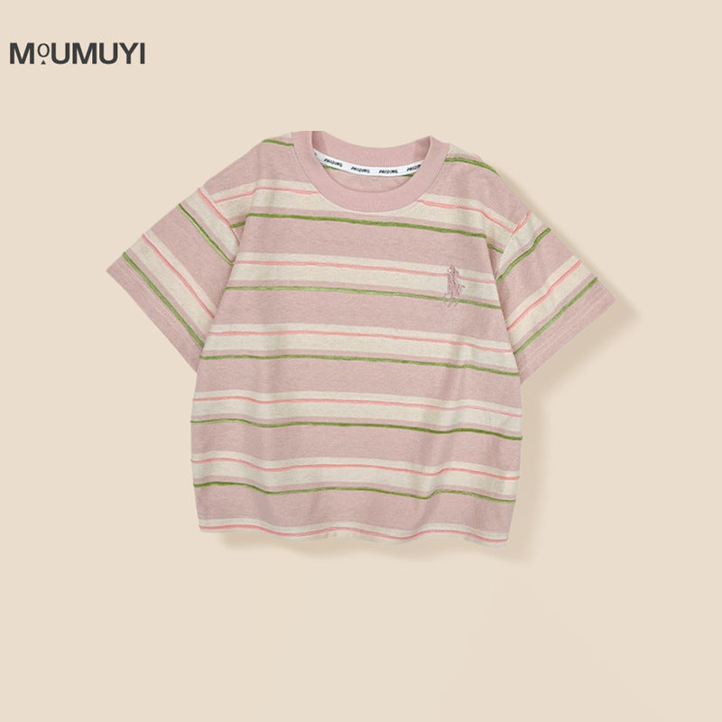 Children's Collar For Boys Contrast Color Wide Striped Embroidered Children's T-shirt