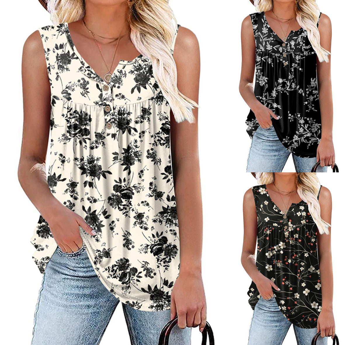 Women's Summer Floral Print Round Neck Knitted Sleeveless Small Vest/suspenders/tube Top