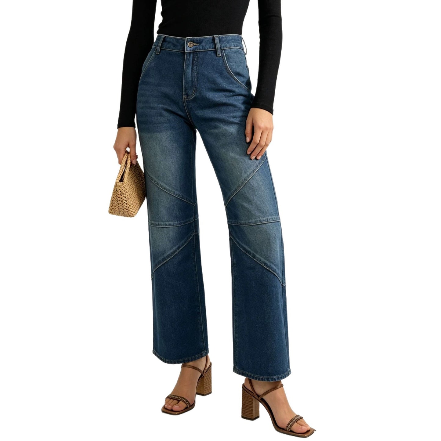 Women's Fashionable Pleated Washed High Street Straight Women's Jeans