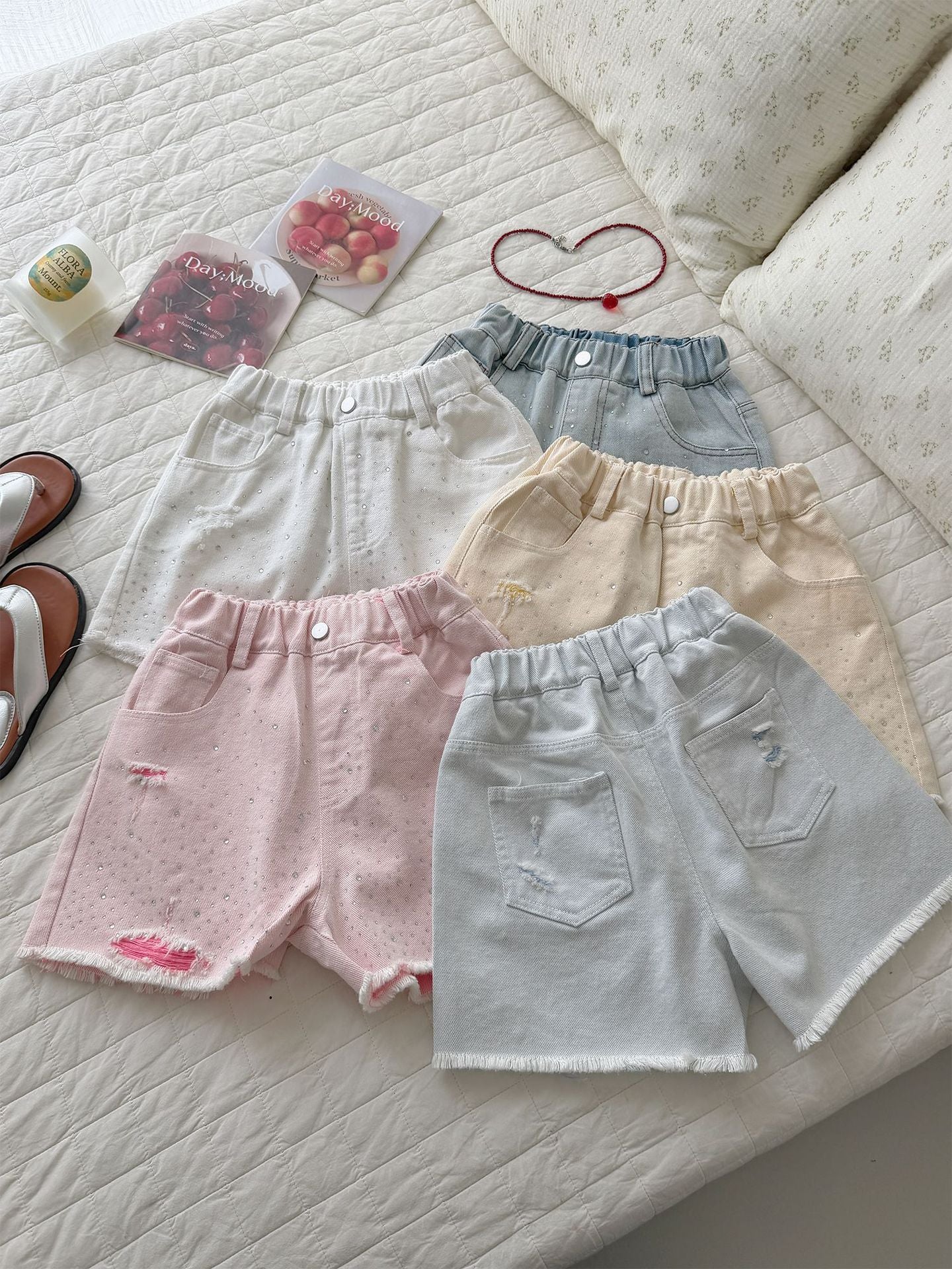 Children's Xie Denim Shorts Hot Drilling Frayed Summer Clothes Fifth Medium Children's Pants