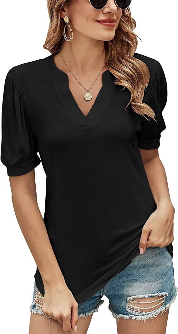 Women's Summer Casual Solid Color Puff Sleeve Tops