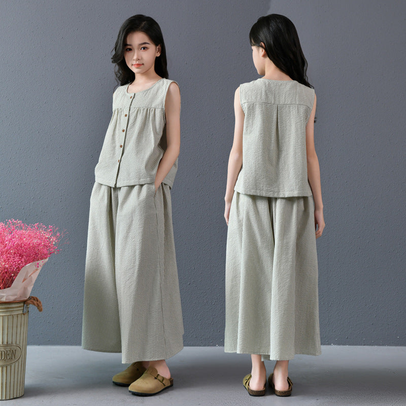 Pants Two-piece Fresh Artistic Culottes Striped Children's Suit