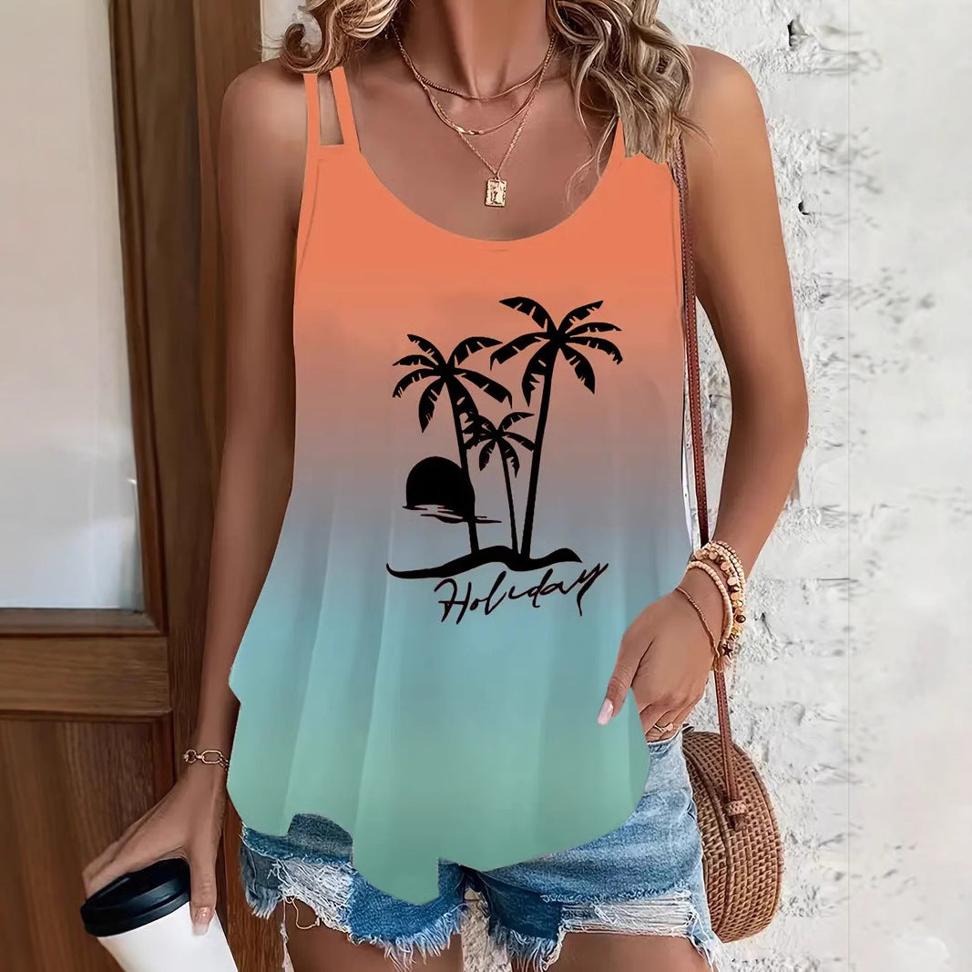 Women's Round Neck Gradient Printing Sleeveless Shoulder Large Size T-shirt