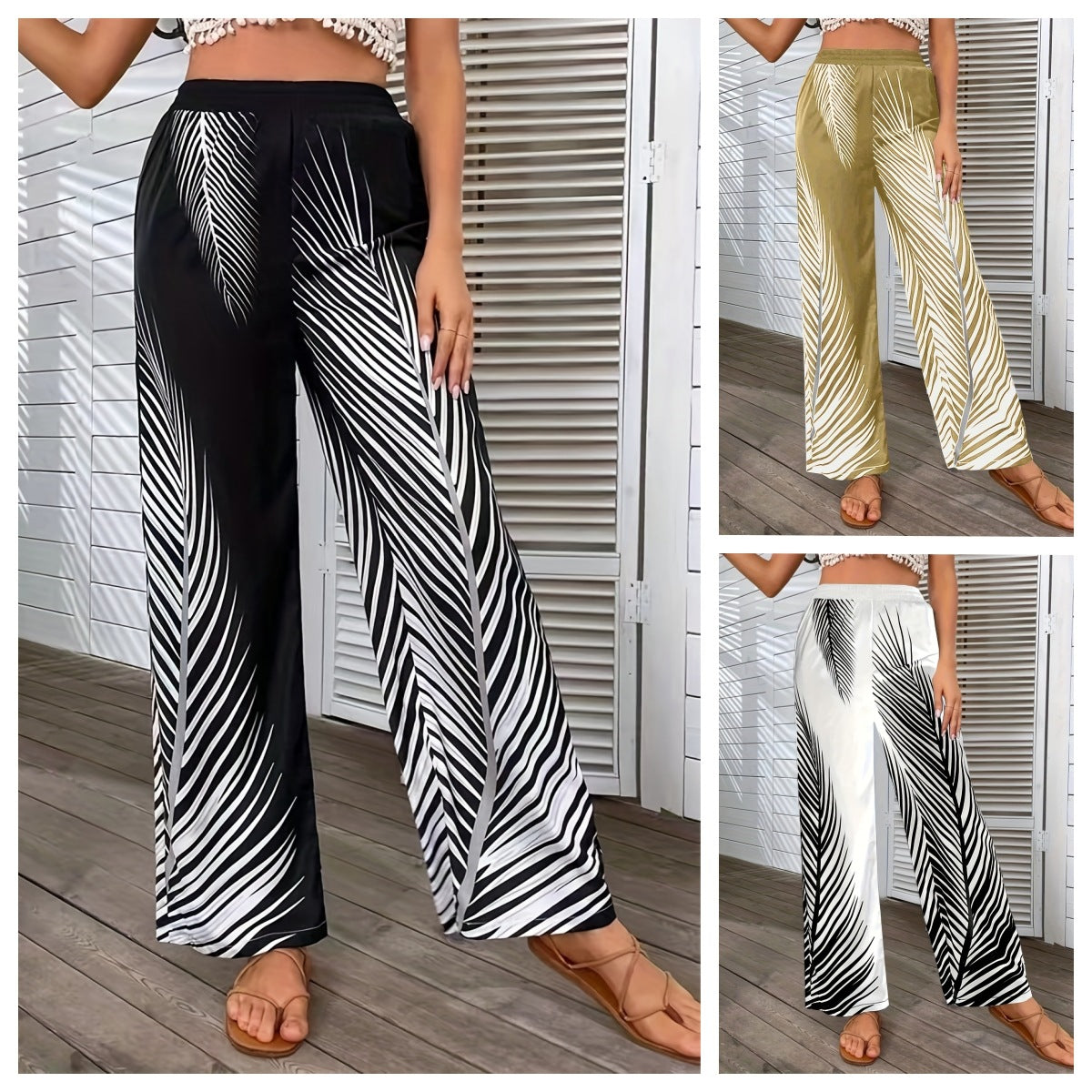 Women's Fashionable Elegant Striped Leaf Positioning Printed Casual Pants