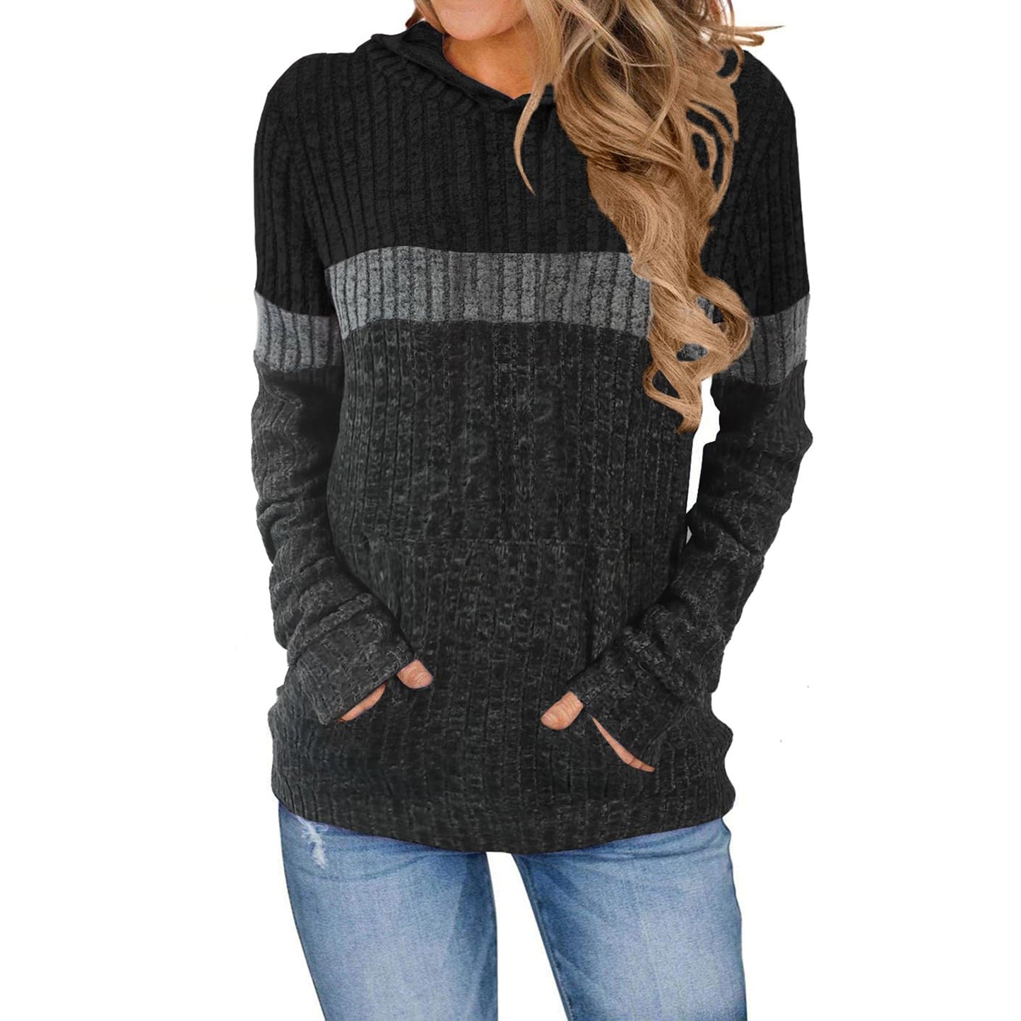 Women's Casual Contrast Color Pocket Stitching Hooded Large Size T-shirt