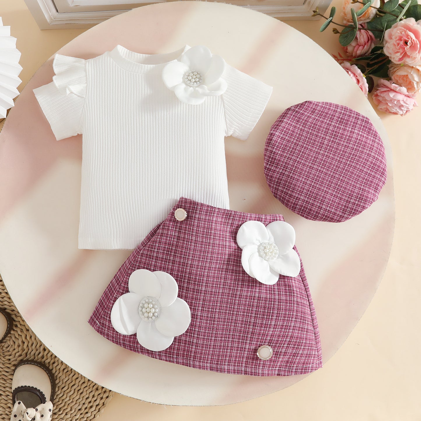 Summer Short Sleeve Skirt Beret Sunken Stripe Short-sleeved Children's Suit