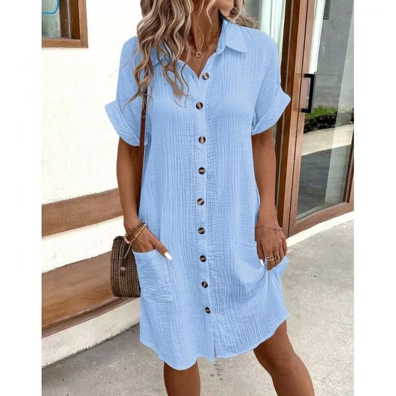 Women's Cotton Linen Breasted Mid-length Sleeve Loose Shirt Shorts
