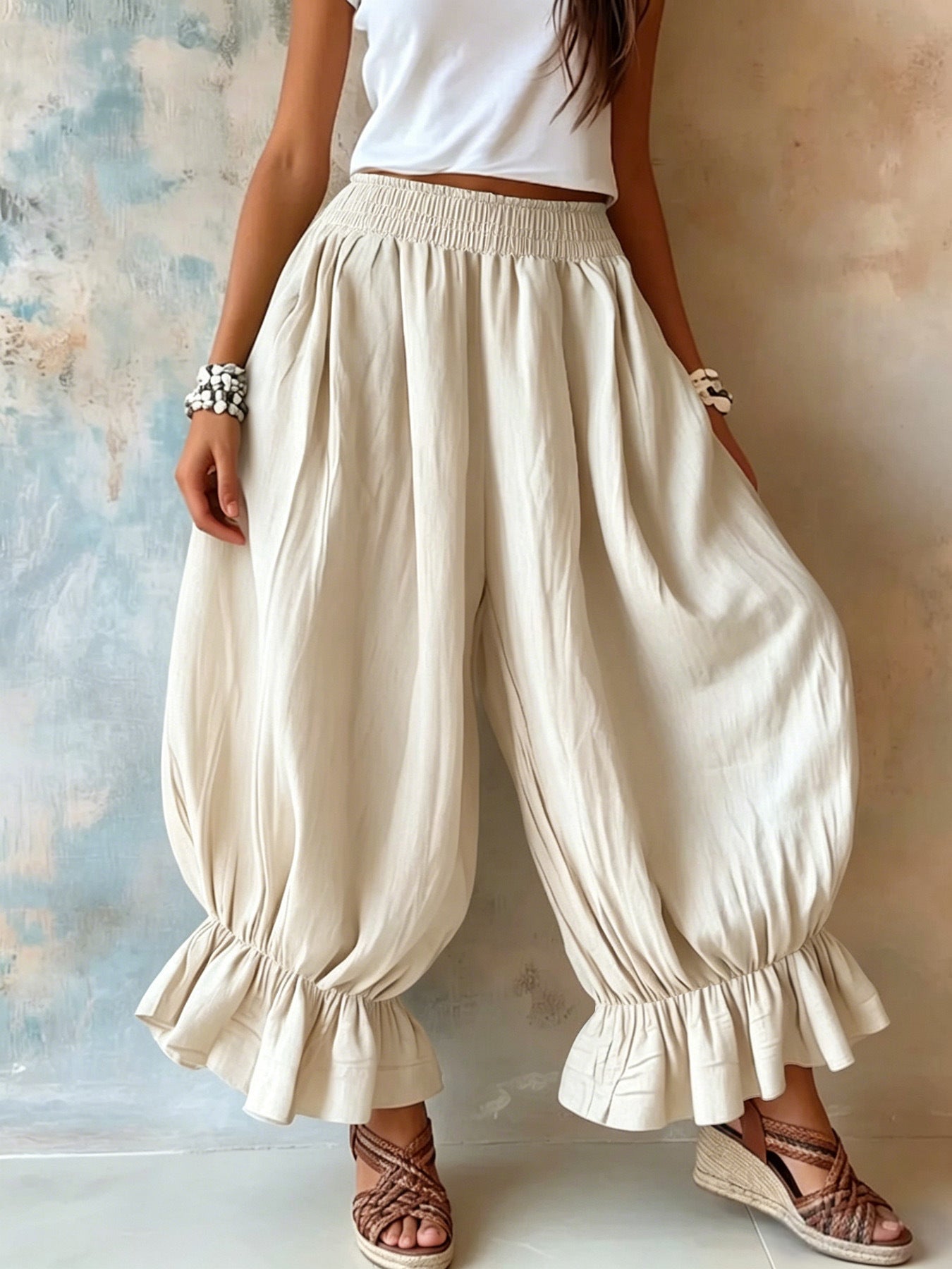 Women's Summer Loose Cotton Linen Ruffled Bloomers Casual Pants