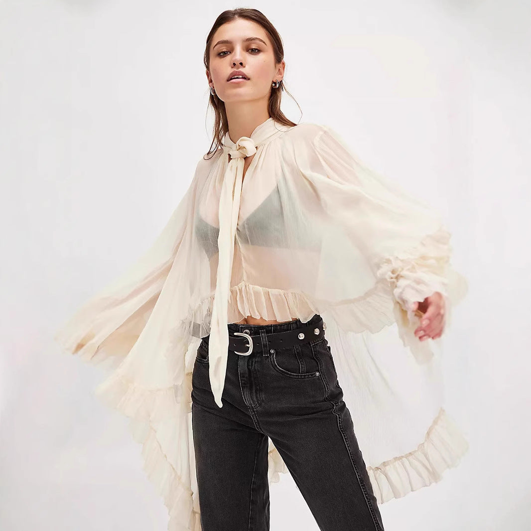 Oversized Swing Bow Tie Belt Printed Lantern Sleeve Personalized Lace Shirt, Chiffon Shirt