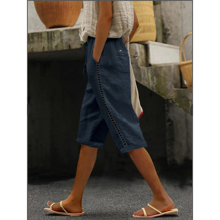 Summer Fashion Woven Cotton Linen Side Lace Hollowed Shorts