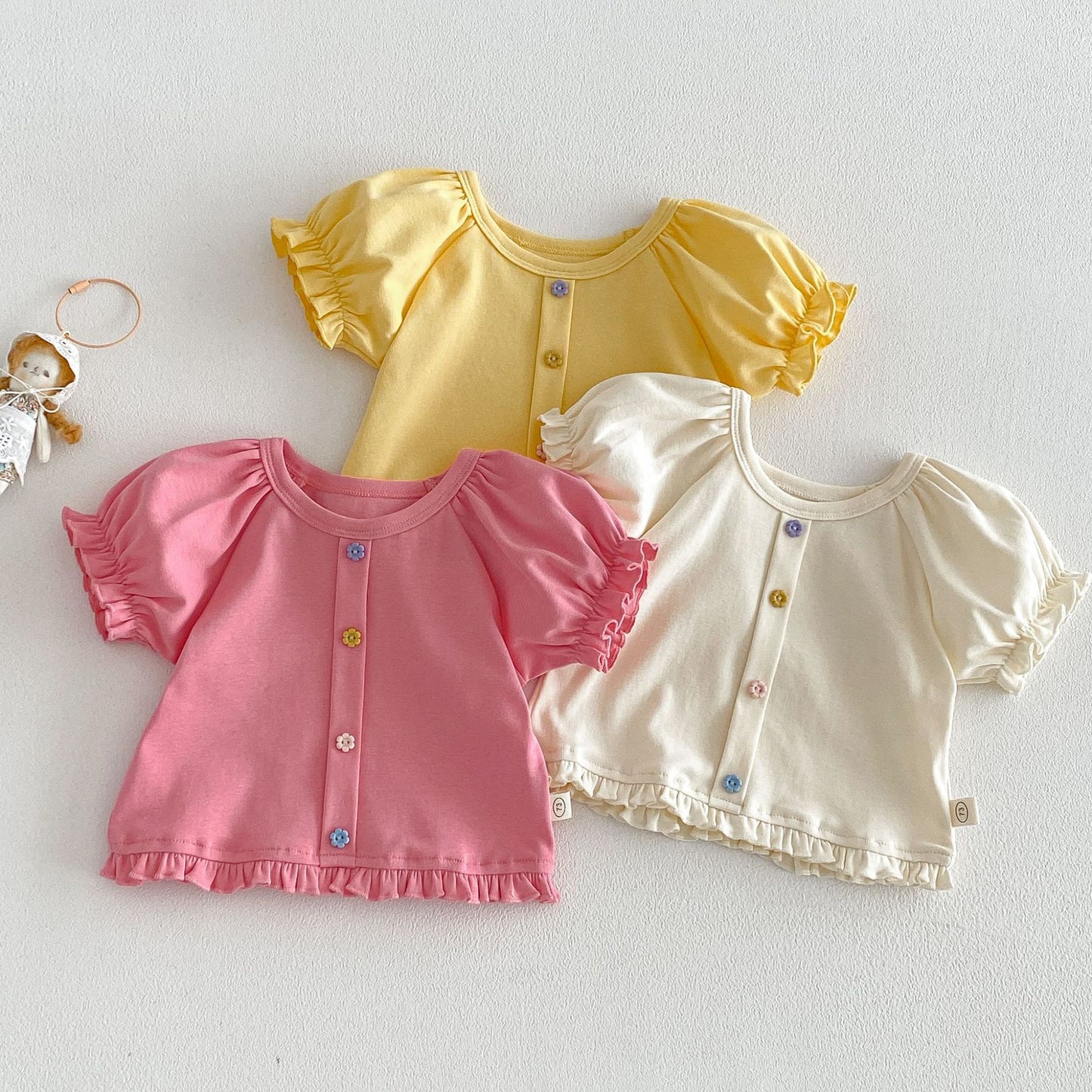 Children's Buckle Summer Clothes Thin Fashionable Korean Style Puff Children's T-shirt