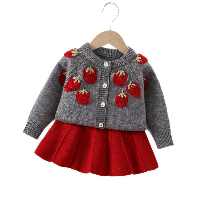 Children's Sweater Strawberry Knitted Skirt Korean Style Fashionable Long Sleeve Cardigan Children's Suit