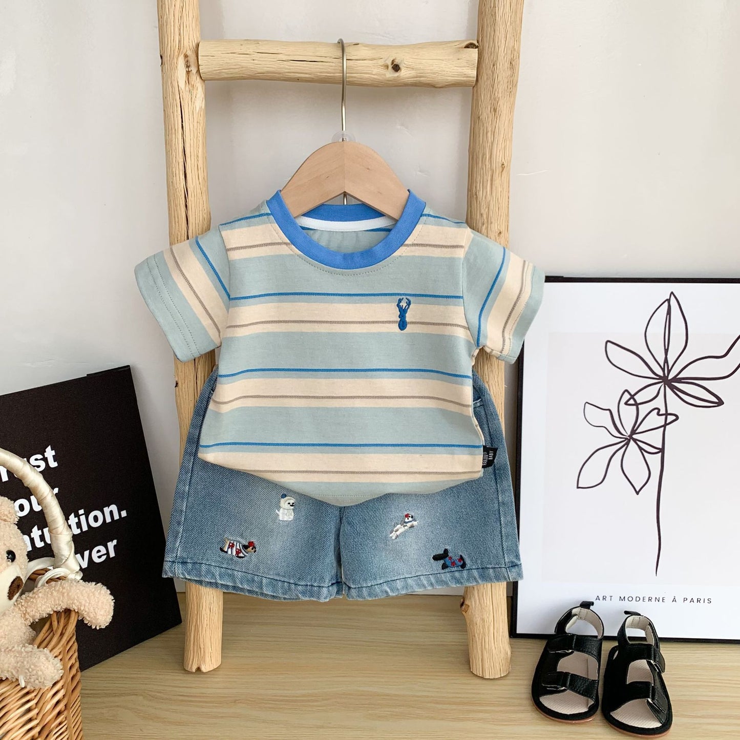 Women's & Men's Infants Summer Striped Embroidery Short-sleeved Shirt Children's T-shirt