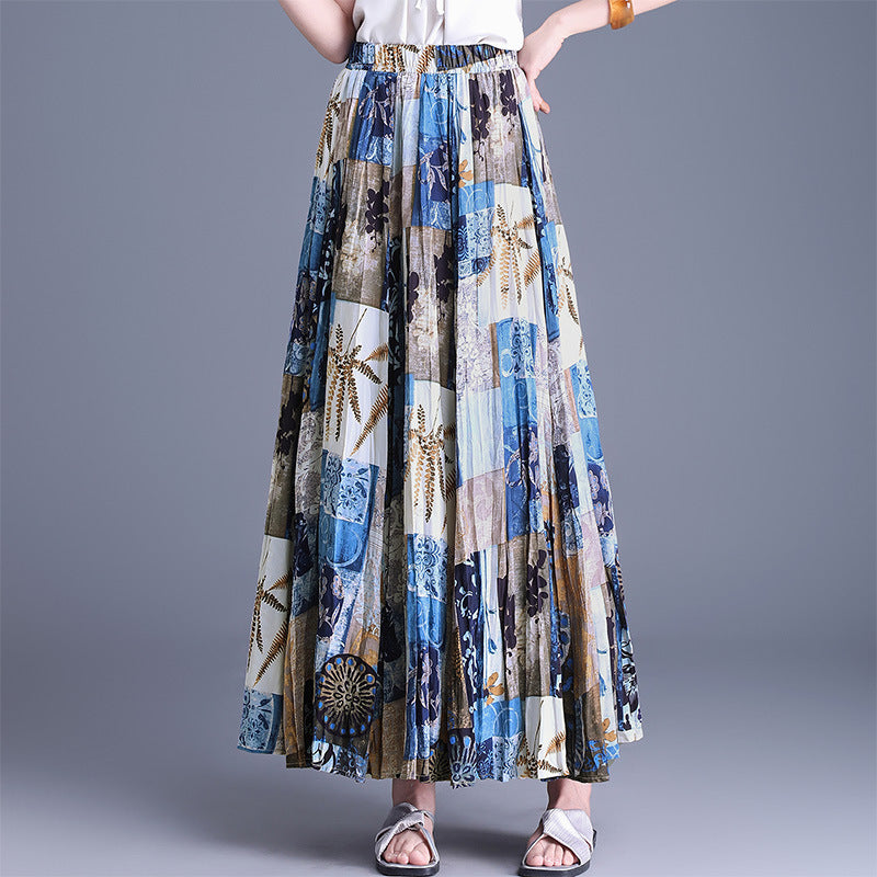 Women's Vacation Ethnic Style Contrast Color Floral Pleated Elastic High Waist Skirt
