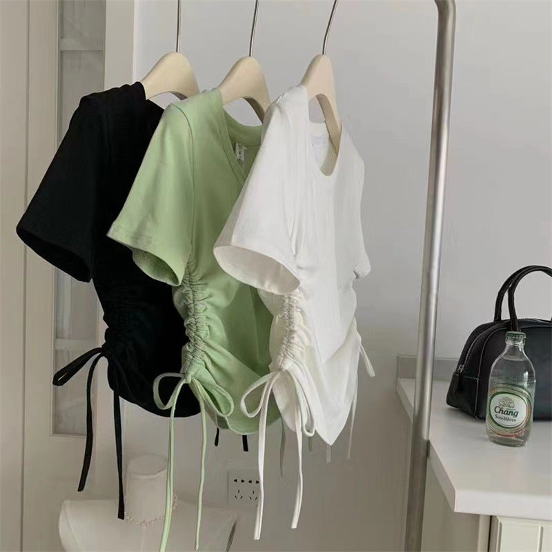 Summer Korean Style Drawstring Solid Color Children's T-shirt