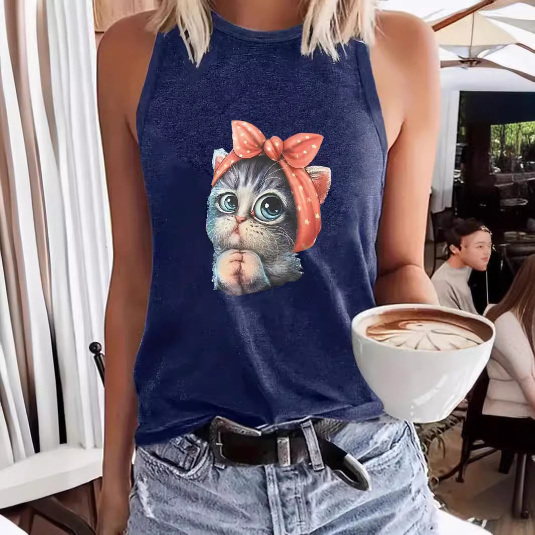 Women's Cat Printing Round Neck Casual Sleeveless Small Vest/suspenders/tube Top