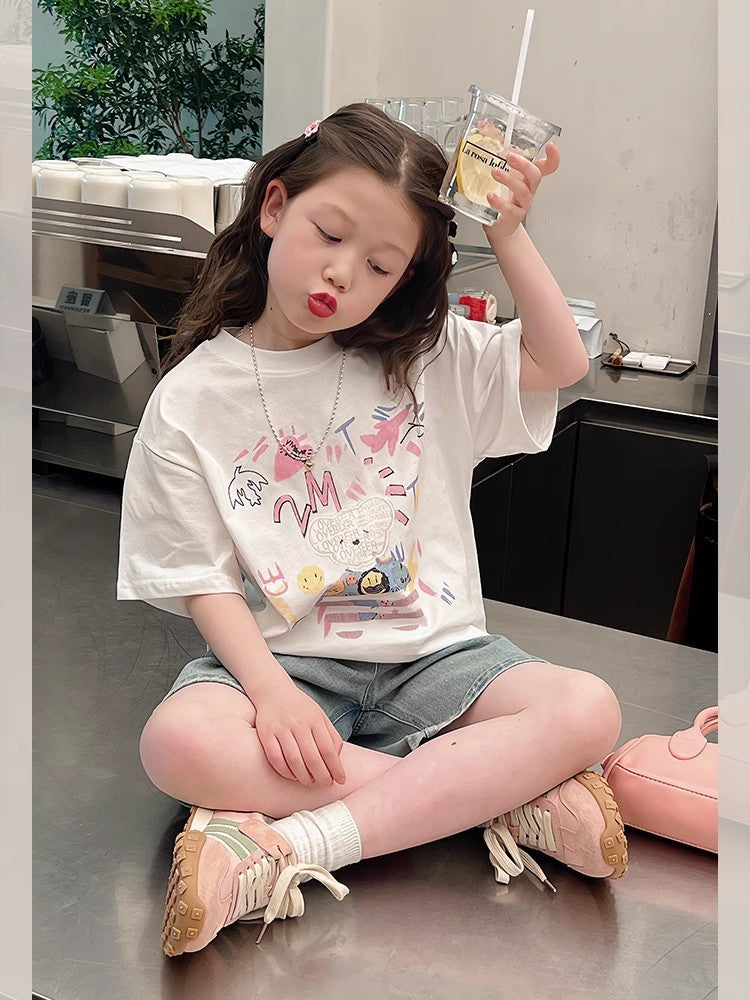 Children's Teenager Clothing Korean Style White Fashionable Short Children's T-shirt