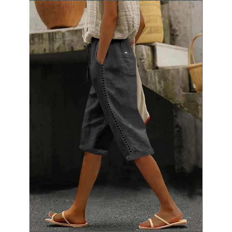 Summer Fashion Woven Cotton Linen Side Lace Hollowed Shorts