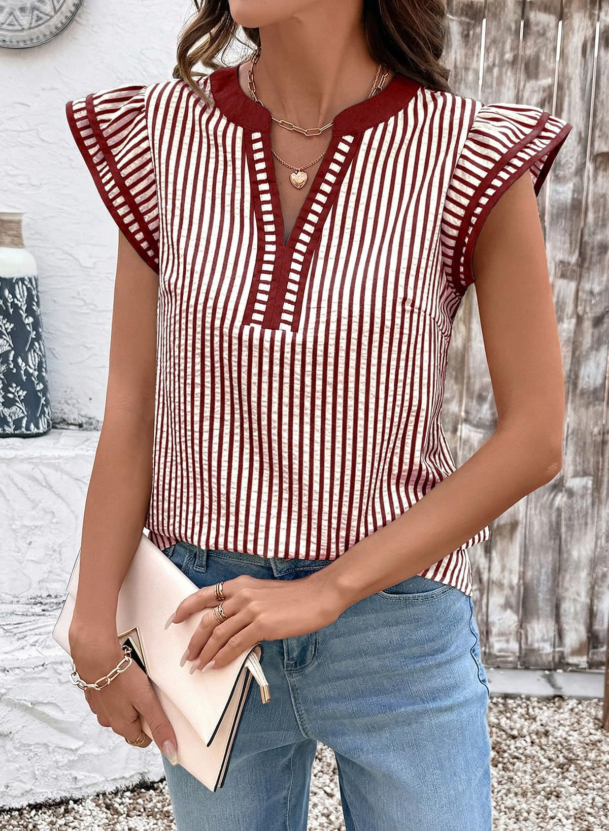 Women's Fashion Striped Double Fly Flounced Sleeve Lace Shirt, Chiffon Shirt