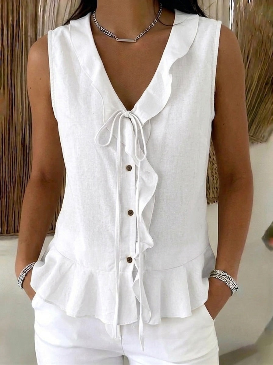 Women's Collar Ruffled Tied Sleeveless Hem Ruffles Women's T-shirt