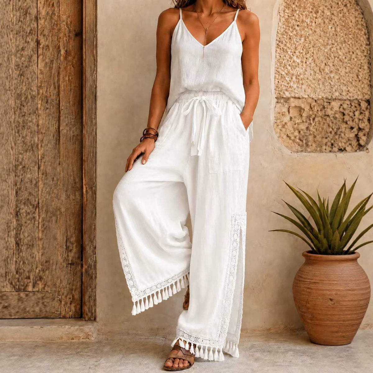 Women's Side Slit Lace Tassel Bohemian Vacation Style Pants