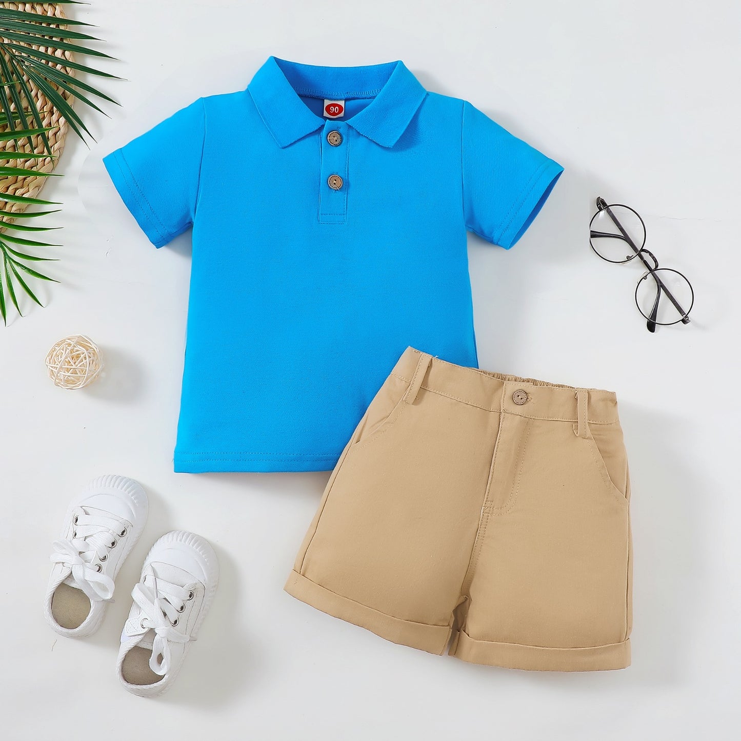 Stand Collar Shirt Short Sleeve Top Double Pocket Zipper Shorts Children's Suit