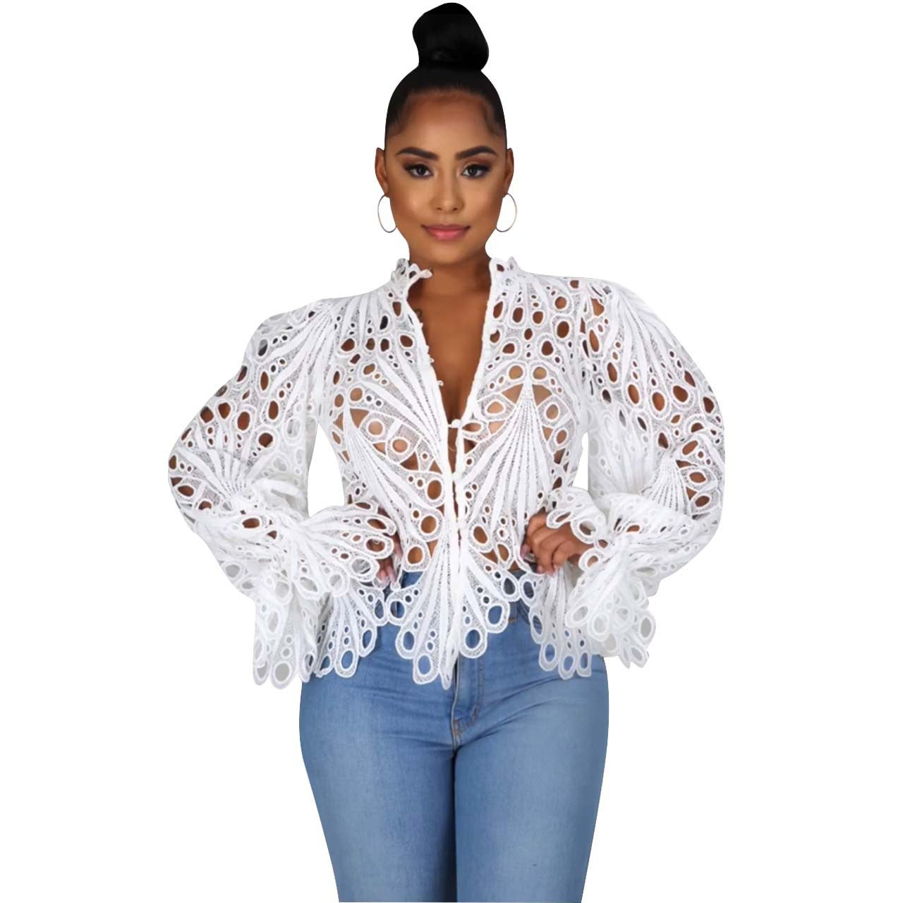 Women's Ripped Sexy Flare Sleeve Breathable Knitted Blouse
