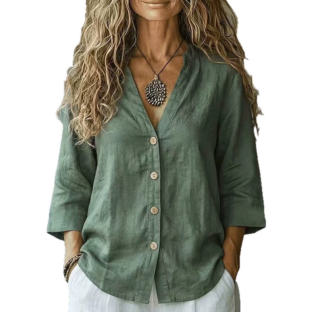 Women's Autumn Casual Loose Collar Button Linen Blouse