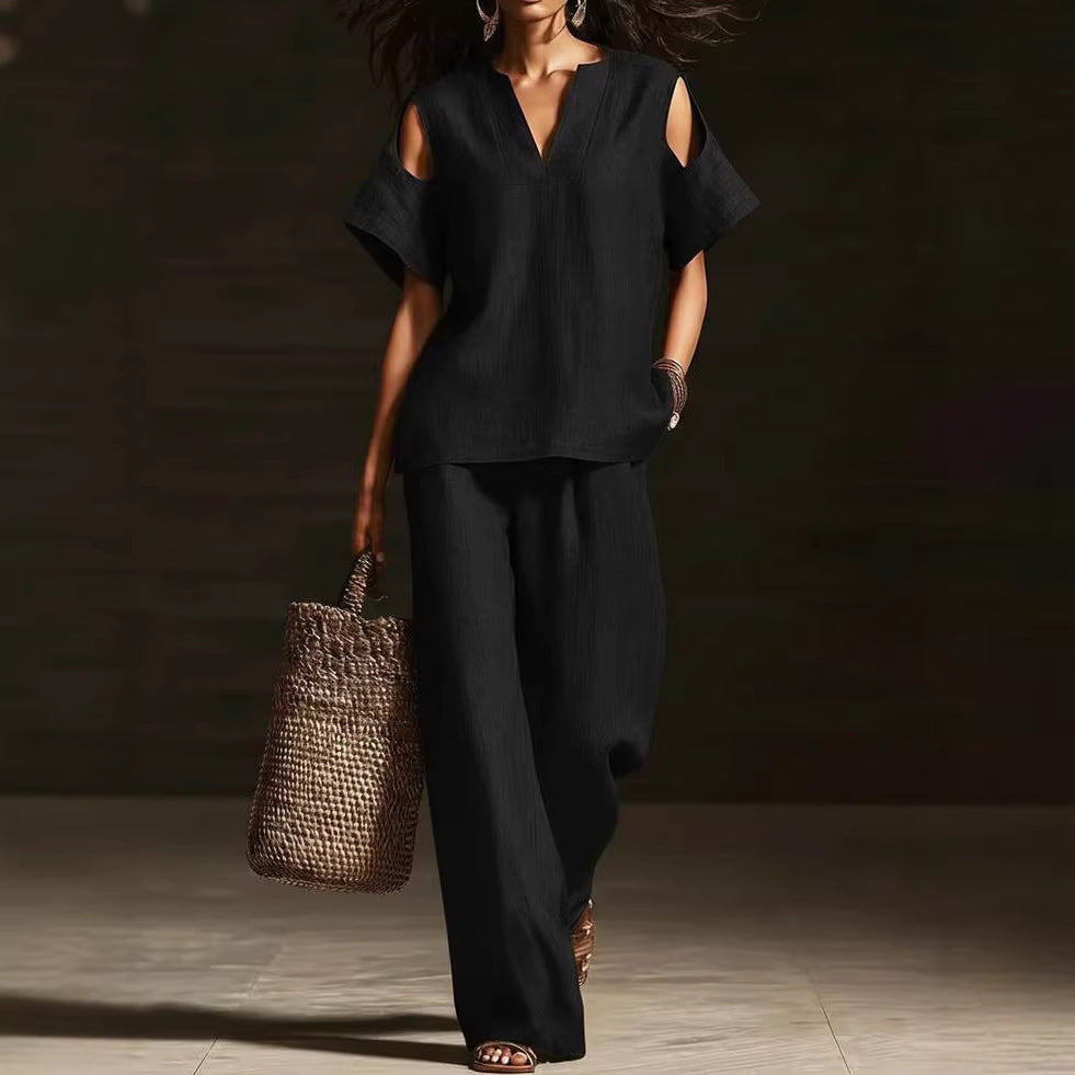 Women's Cotton Linen Solid Color Hole Fashion Casual Suit