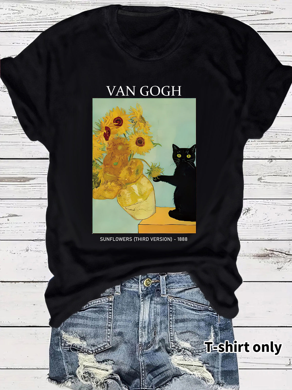 Women's Van Gogh Sunflower Cat Art Print Loose Casual Round Neck Women's T-shirt