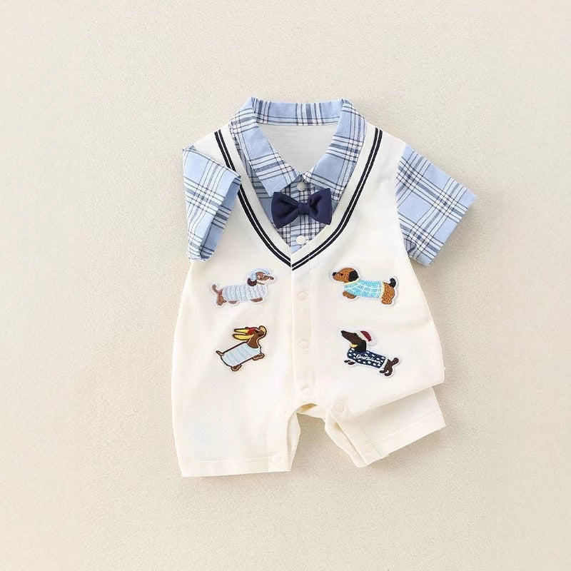 College Style Fake Two-piece Bow Tie Romper Cardigan Outwear Jumpsuit, Climbing Suit