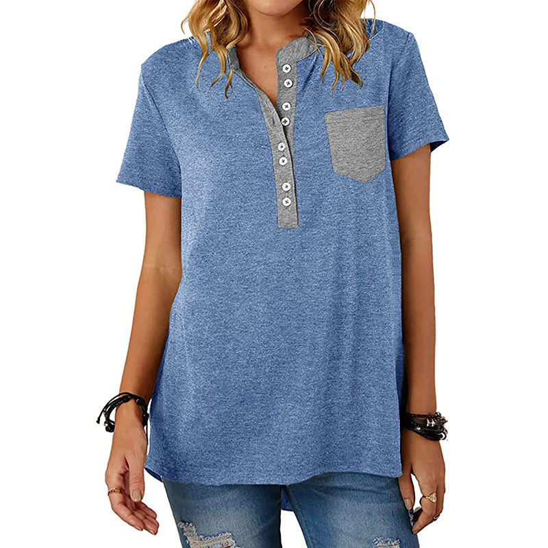 Women's Casual Pocket Stitching Loose Short-sleeved Women's T-shirt