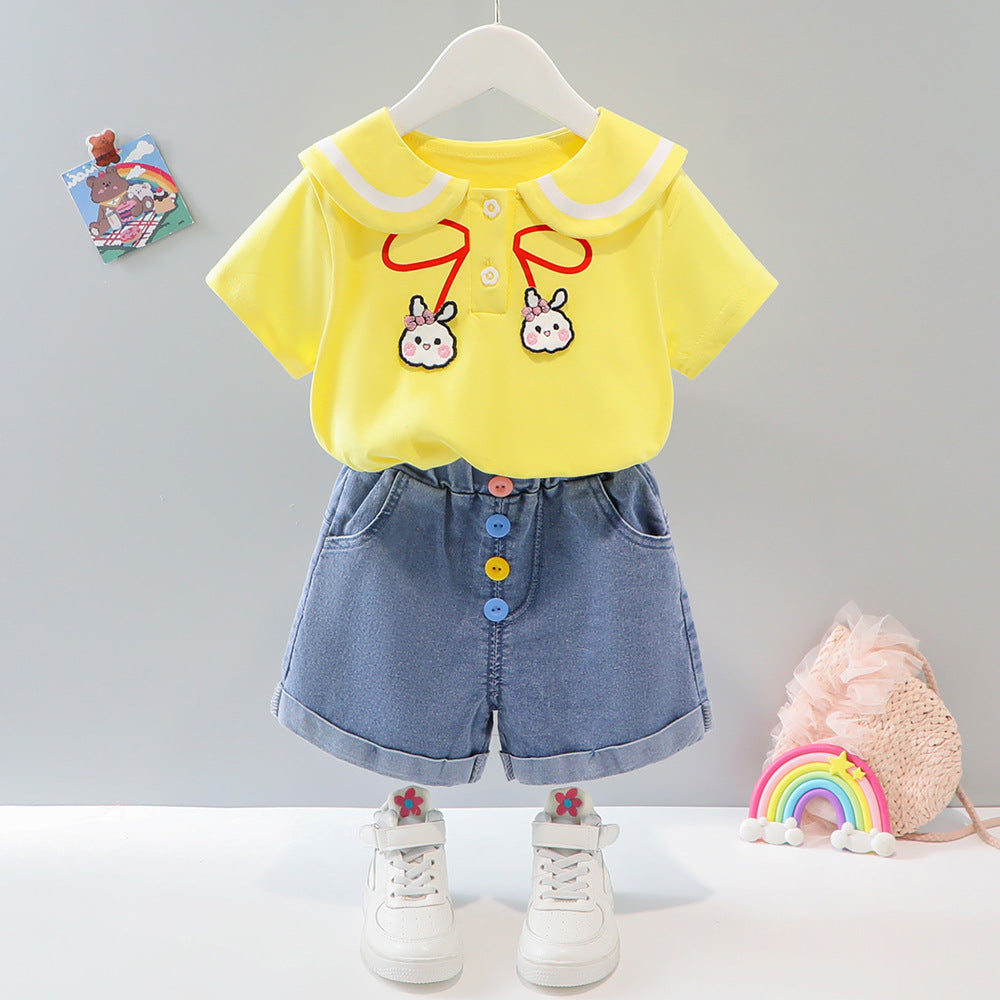 Summer Cute Lapel Short Sleeve Casual Denim Shorts Children's Suit